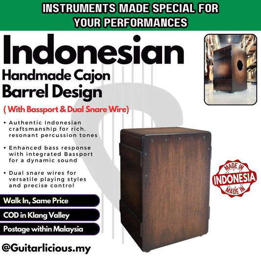 Indonesian Handmade Cajon with Bassport and Dual Snare Wire (Barrel Design)