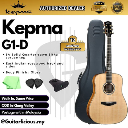 Kepma G1 Series Solid Sitka Spruce Top Dreadnought Acoustic Guitar with Deluxe Hardshell Case ( G1-D / G-1 / G1D )