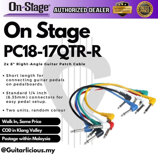 On Stage PC18-17QTR-R, 8" Multi-Colour Right-Angle Guitar Patch Cable / 2 Pcs Pack