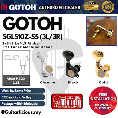 GOTOH SGL510Z Gear Ratio 1:21 Sealed Gear 3x3 (3L,3R) Machine Head Tuner Peg ( SGL510 / SGL-510Z / SGL 510Z )