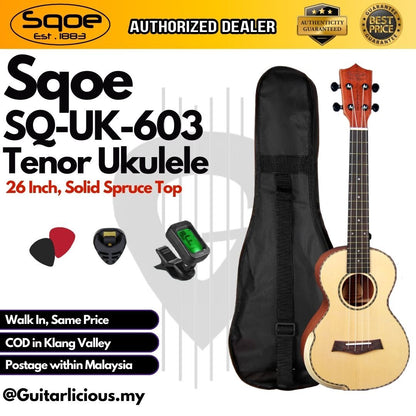 SQOE SQ-UK-603 , 26 inch Tenor Solid Top Spruce & Mahagony Body Ukulele ( SQUK603 / SQ-UK / UK603 / 603 )