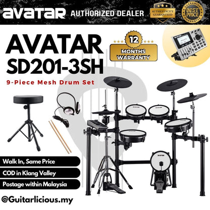 Avatar SD201-3SH Professional 9-Piece Mesh Kit Electric Drum Set - 5PC Drum Pad, 4PC Cymbal Pad ( SD-201 / SD 201 / HXW