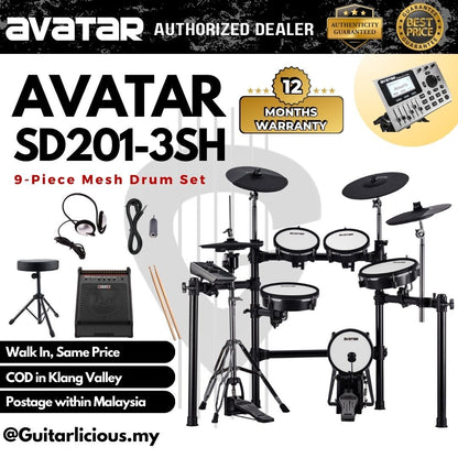 Avatar SD201-3SH Professional 9-Piece Mesh Kit Electric Drum Set - 5PC Drum Pad, 4PC Cymbal Pad ( SD-201 / SD 201 / HXW