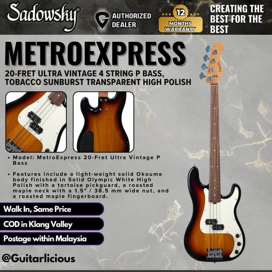 Sadowsky MetroExpress 20-Fret Ultra Vintage 4String P Bass, Tobacco Sunburst Transparent High Polish