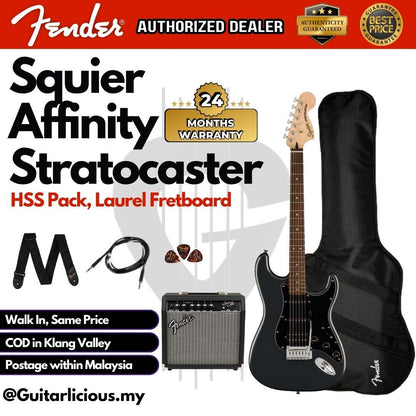 Squier Affinity Series HSS Stratocaster Guitar Pack, Laurel FB with Frontman 15G and Gig Bag - Charcoal Frost Metallic