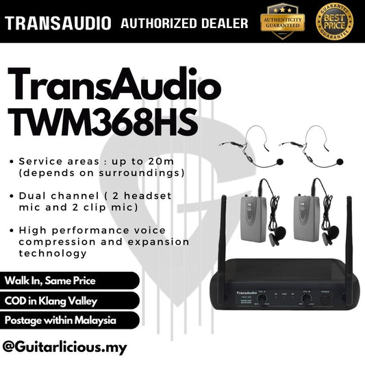 Transaudio VHF Wiresless Dual Frequency Headsest Microphone Clip (2 Handheld Microphones) (TWM-368HS)