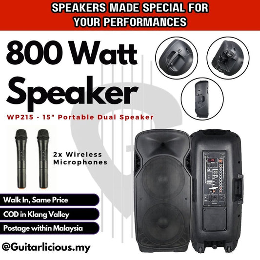 800watt 15inch Portable Dual Speaker with 2 Wireless Microphone and Bluetooth WP215 CHF (WP215)