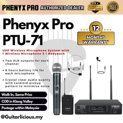 Phenyx Pro PTU-71B (1H1B) Dual Handheld UHF Wireless Microphone System (1 Handheld Wireless Mic & 1 Headset Mic) PTU 71