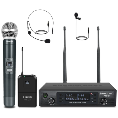 Phenyx Pro PTU-71B (1H1B) Dual Handheld UHF Wireless Microphone System (1 Handheld Wireless Mic & 1 Headset Mic) PTU 71