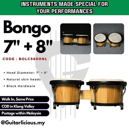 Bongo 7 inch + 8 inch with Black Hardware & Natural Skin Heads ( BOLCS600NL )