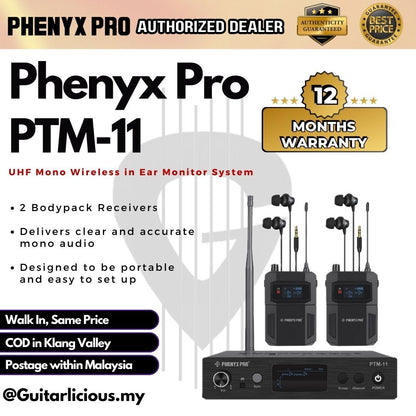 Phenyx Pro PTM-11 (2) UHF Mono Wireless in Ear Monitor System with 2 Bodypack Receiver ( PTM11 / PTM 11 / PTM-11-2B )