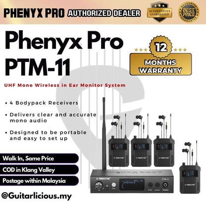 Phenyx Pro PTM-11 (4) UHF Mono Wireless in Ear Monitor System with 4 Bodypack Receiver ( PTM11 / PTM 11 / PTM-11-4B )