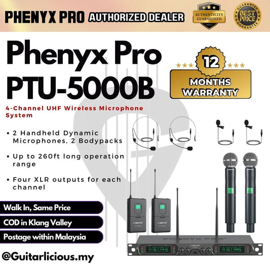 Phenyx Pro PTU-5000B 4-Channel UHF Wireless Microphone System, 2 Handheld Dynamic Microphones, 2 Headset Mic 260ft Range