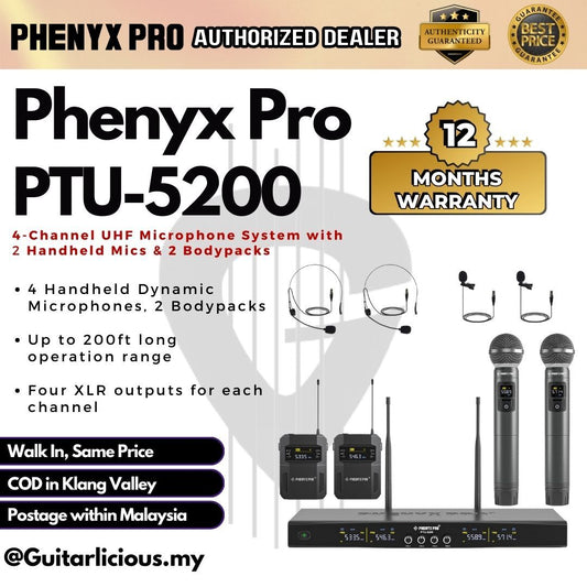 Phenyx Pro PTU-5200 Wireless UHF Microphone System 2 x Wireless Mics & 2 Headset Mic , 200ft Range ( PTU-5200B / PTU )