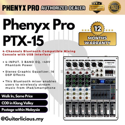 Phenyx Pro PTX-15 4-Channels BT Compatible Mixing Console w/ USB Interface Stereo,16 Effects Professional DJ Mixer