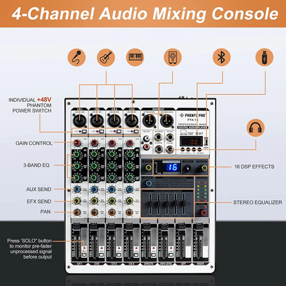 Phenyx Pro PTX-15 4-Channels BT Compatible Mixing Console w/ USB Interface Stereo,16 Effects Professional DJ Mixer