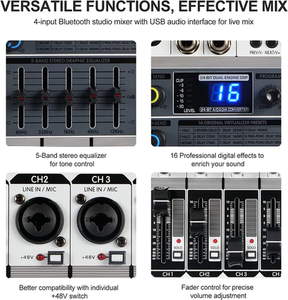 Phenyx Pro PTX-15 4-Channels BT Compatible Mixing Console w/ USB Interface Stereo,16 Effects Professional DJ Mixer