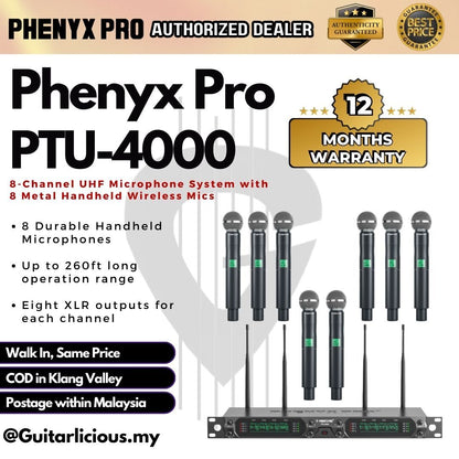 Phenyx Pro PTU-4000 Wireless Microphone System 8-Channel with 8 x UHF Handheld Wireless Mics, 260ft Range ( PTU4000-8H )