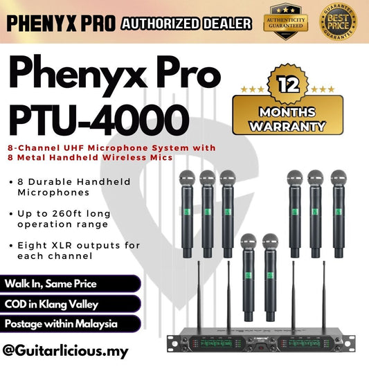 Phenyx Pro PTU-4000 Wireless Microphone System 8-Channel with 8 x UHF Handheld Wireless Mics, 260ft Range ( PTU4000-8H )