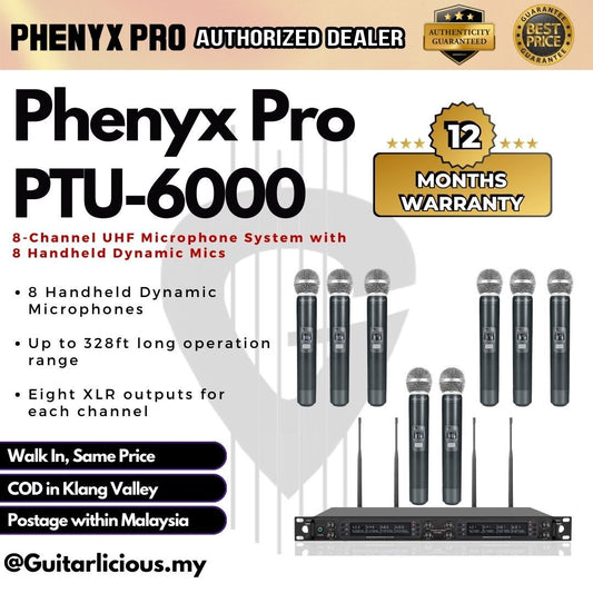 Phenyx Pro PTU-6000A 8-Channel UHF Wireless Microphone System 8 Handheld Dynamic Microphones with Auto Scan PTU-6000-8H