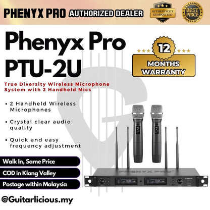 Phenyx Pro PTU-2U-2H True Diversity Wireless Microphone System Dual Cordless Microphone Set 2x1000 Channels 328ft PTU2U