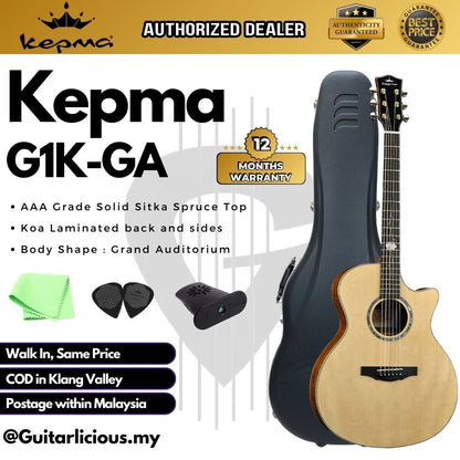 Kepma G1K Series Solid Sitka Spruce Top, Side & Back Koa Wood Grand Auditorium Acoustic Guitar w Case ( G1K-GA / G1KGA )