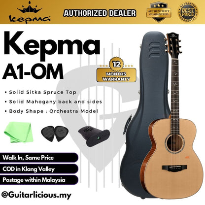 Kepma A1-OM Series Solid Sitka Spruce Top, Side & Back Solid Mahagony OM Body Acoustic Guitar w Case ( A1OM / A1-OM-N )