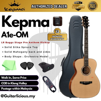 Kepma A1e-OM Series Solid Sitka Spruce Top OM Body Acoustic Guitar , LR Baggs Stage Pro Anthem Pickup w Case A1e-OM-N