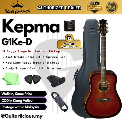 Kepma G1eK Series Solid Sitka Spruce Top Dreadnought Acoustic Guitar, LR Baggs Stage Pro Anthem Pickup w Case ( G1E-K  / G1KE )