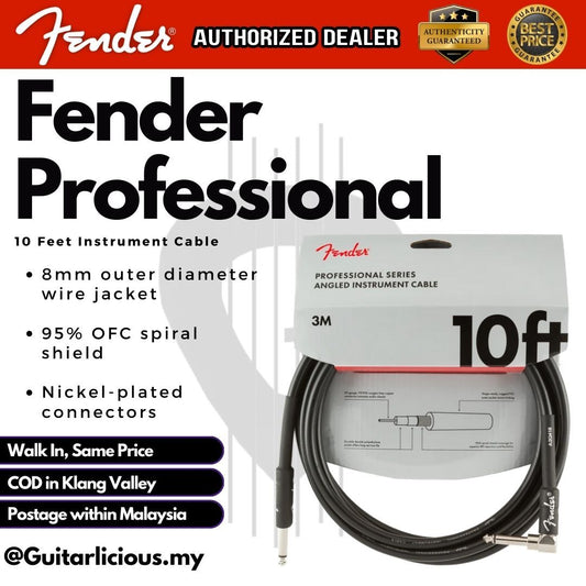 Fender Professional Series Angled Instrument Cable, 10ft , 10inch Straight/Angles - Black