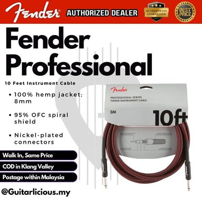 Fender Professional Series Instrument Cable, 10inch Straight/Straight - Red Tweed