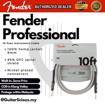 Fender Professional Series Instrument Cable, 10inch Straight/Straight - White Tweed