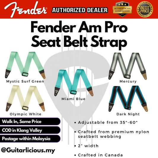 Fender Am Pro Seat Belt Guitar Strap / Tali Bahu, 2-inch - Olympic White Miami Blue Mystic Surf Green Mercury Dark Night