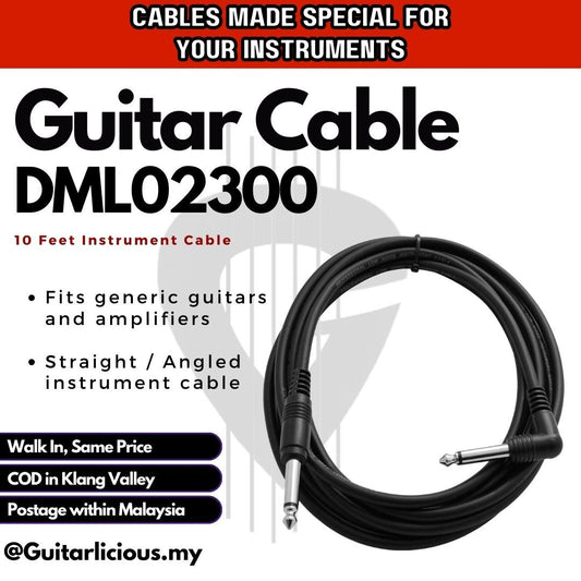 Instrument Cable 1/4 6.35mm Plug (Straight / Angled) , 3 meter , DML02300 for Acoustic Electric Bass Drum Keyboard