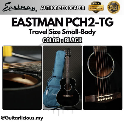 Eastman PCH2-TG Travel Size Small-Body Acoustic Guitar, Solid Thermo-Cured Sitka Spruce Top - Black ( PCH2 TG / BK )