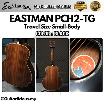 Eastman PCH2-TG Travel Size Small-Body Acoustic Guitar, Solid Thermo-Cured Sitka Spruce Top - Black ( PCH2 TG / BK )