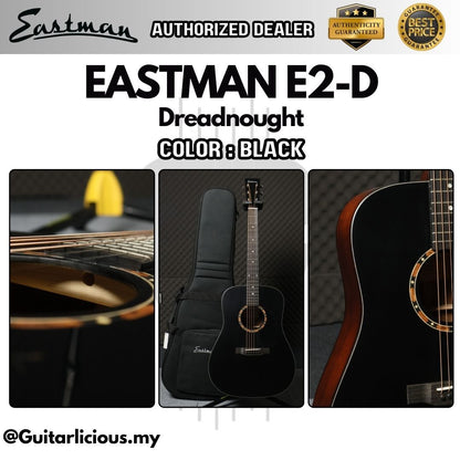 Eastman E2D Dreadnought Solid Cedar Top & Solid Sapele Back and Sides - Black ( E2D-BK / E2-D-BK / E2 D / E2D / E2-D )