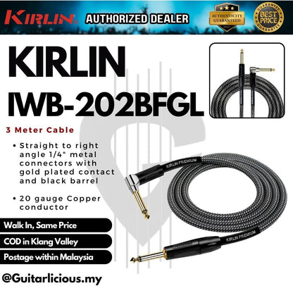 Kirlin Cable Premium Plus IWB-202BFGL Original Gold Tip Woven Straight-Angled Instrument Cable - 22AWG ( 3m / 6m )