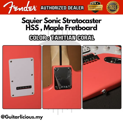 Squier Sonic by Fender Stratocaster HSS Electric Guitar with White Pickguard, Maple FB - Tahitian Coral