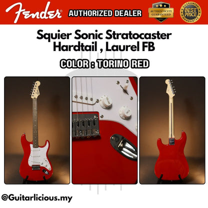 Squier Sonic by Fender Stratocaster SSS Hardtail Electric Guitar with White Pickguard, Laurel FB - Torino Red