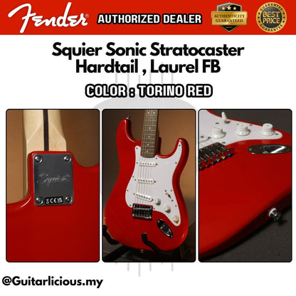 Squier Sonic by Fender Stratocaster SSS Hardtail Electric Guitar with White Pickguard, Laurel FB - Torino Red