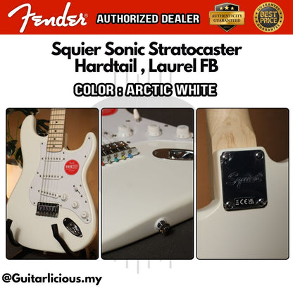Squier Sonic Stratocaster SSS Hardtail Electric Guitar with White Pickguard, Maple FB - Arctic White (BUNDLE DEALS)