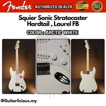 Squier Sonic Stratocaster SSS Hardtail Electric Guitar with White Pickguard, Maple FB - Arctic White (BUNDLE DEALS)
