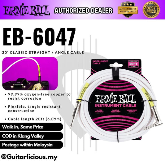 Ernie Ball 6047 20 feet Classic Straight / Angle Instrument Cable, White - EB6047 / EB-6047 ( 20 feet / 6.09 Meter )