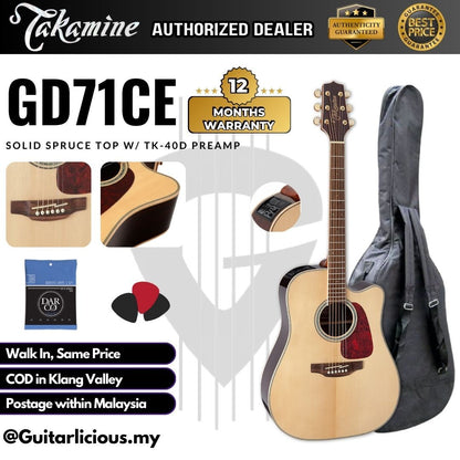 Takamine GD71CE NT Dreadnought Cutaway Acoustic EQ Guitar w/ Solid Spruce Top, Black Walnut Back & Sides & TK-40D preamp