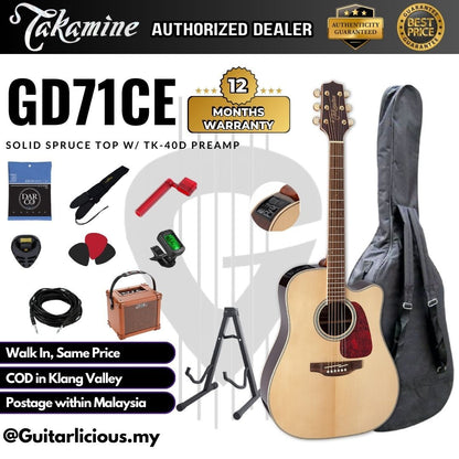 Takamine GD71CE NT Dreadnought Cutaway Acoustic EQ Guitar w/ Solid Spruce Top, Black Walnut Back & Sides & TK-40D preamp