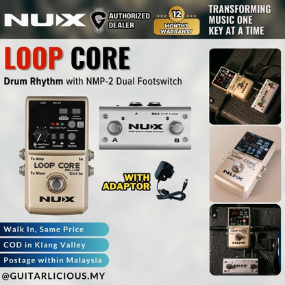 NUX Loop Core Deluxe Effect Drum Rhytm Pedal Bundle with NMP-2 Dual Footswitch