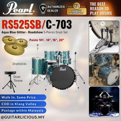 Pearl RS525SB/C-703 Roadshow 5-Pieces Standard Acoustic Drum Set - Aqua Blue Glitter (RS5252-SB)