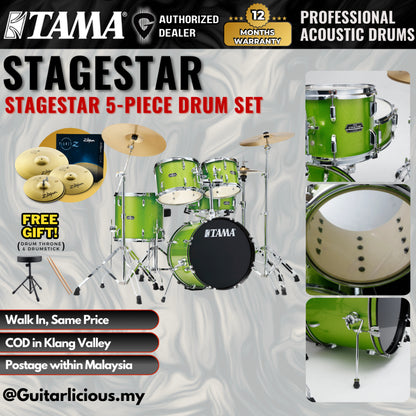 Tama Stagestar 5-piece Drum Set with Drumsticks and Throne - Lime Green Sparkle