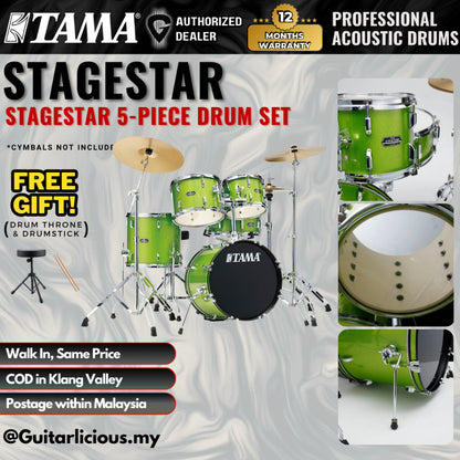 Tama Stagestar 5-piece Drum Set with Drumsticks and Throne - Lime Green Sparkle